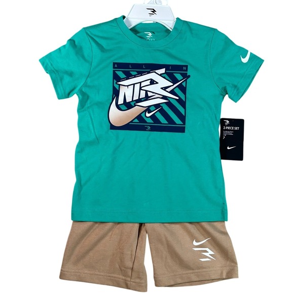 Nike Other - Nike Kids 2 Piece Set T-Shirt and Shorts Turquoise Tan Size 6 New NWT